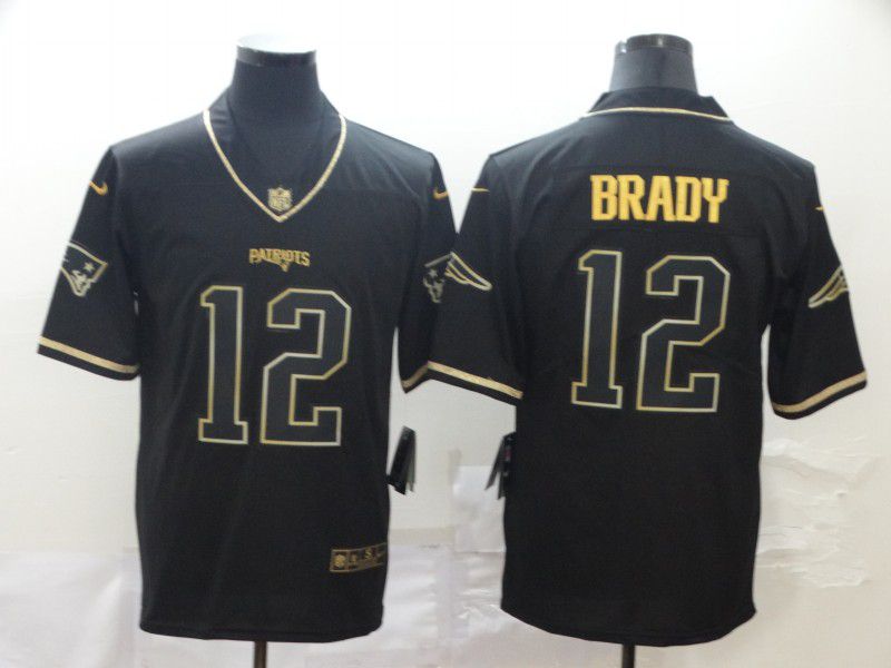 Men New England Patriots 12 Brady Black Retro gold character Nike NFL Jerseys